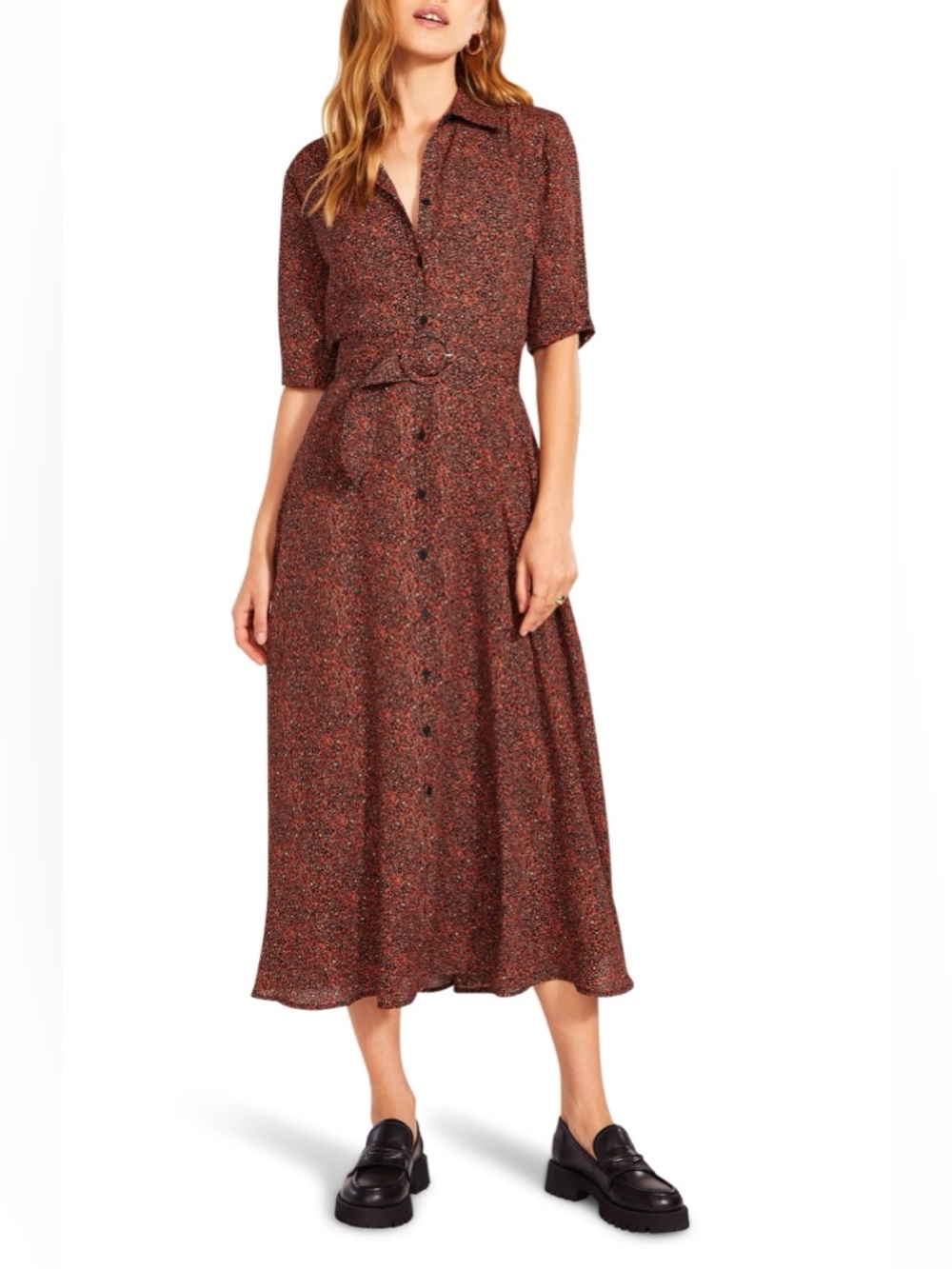 BB Dakota Rust Belted Button-Front Midi Dress in Leopard Print